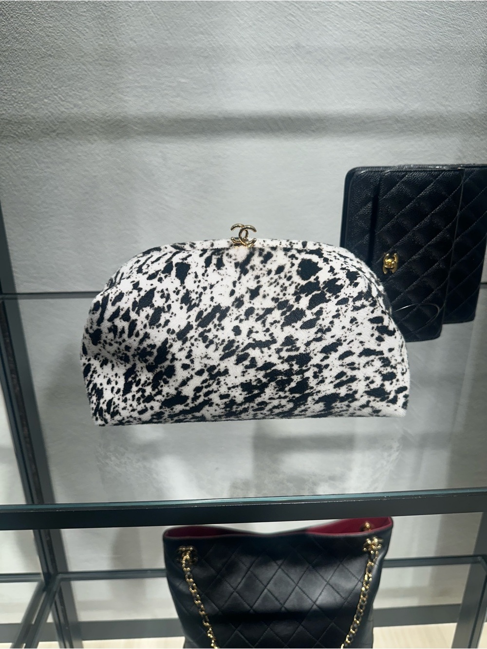 NEW 26S CHANEL Black/White pony hair printed  Clutch w chain